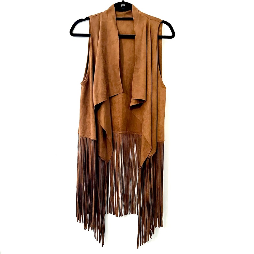 Fringed Tan Sleeveless Faux Suede Vest